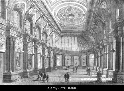 Le nouveau hall de la Compagnie des Drapers, Throgmorton-Street, [ville de Londres], 1871. « L'ancienne London City Guild of Drapers occupe maintenant sa nouvelle salle... qui est un magnifique bâtiment... la grande salle à manger est une salle aux proportions nobles et riche en décorations. Il est carré à une extrémité et semi-circulaire à l'autre ; la longueur est de 82 pieds... la hauteur du plafond est de 44 pieds. Des gammes de colonnes pleines, de marbre, debout individuellement, dégagées des murs, sont placées le long de chaque côté, sur des socles avec des plinthes de marbre noir et or, tout autour de la pièce... il y a un demi-dôme au-dessus du s. Banque D'Images