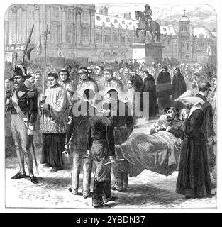 Une scène à Versailles, [France], 1871. Cortège funèbre pour les militaires français tués lors de la guerre franco-prussienne. Un soldat blessé sur une civière prie avec une religieuse à ses côtés. En arrière-plan se trouve une statue équestre de Louis XIV de "Illustrated London News", 1871. Banque D'Images