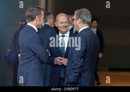 Emmanuel Macron, Olaf Scholz und Keir Starmer beim QUAD Treffen im Bundeskanzleramt. Berlin, 18.10.2024 Banque D'Images