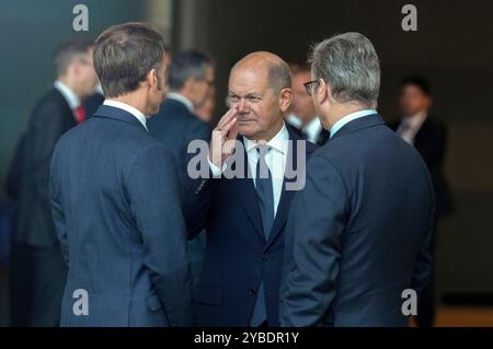 Emmanuel Macron, Olaf Scholz und Keir Starmer beim QUAD Treffen im Bundeskanzleramt. Berlin, 18.10.2024 Banque D'Images