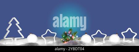 Décorations de Noël avec arbres, étoiles et boules de neige créant une scène hivernale festive. rendu 3d. Banque D'Images