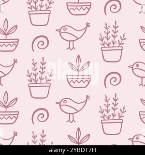 Plantes de maison dans des pots et des oiseaux modèle sans couture Illustration de Vecteur