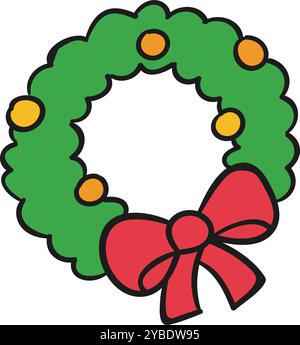 Couronne de Noël festive avec noeud rouge et ornements Illustration de Vecteur