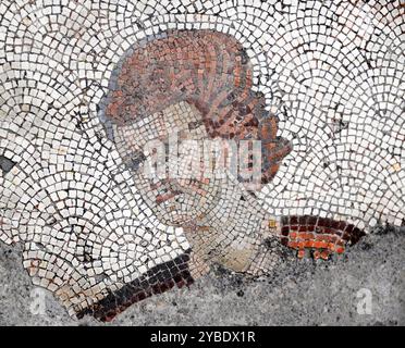 Tête de femme, détail du pavé en mosaïque d'une cour péristyle dans le Grand Palais de Constantinople, période byzantine, IVe-vie siècles. Musée de la mosaïque du Grand Palais, Istanbul, Turquie. Banque D'Images