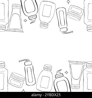 Bordure de modèle sans couture de vecteur de différentes bouteilles de contour, tubes, flacons, produits cosmétiques dans le style doodle. Texture sur thème industrie de la beauté, peau Illustration de Vecteur