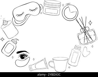Produits asiatiques de soins de la peau tels que - huile pour le visage, mousse nettoyante, masque de feuille, sérum, hydratant, crème pour les yeux, crème de nuit, bougie, diffuseur, rouleau. Cadre Illustration de Vecteur