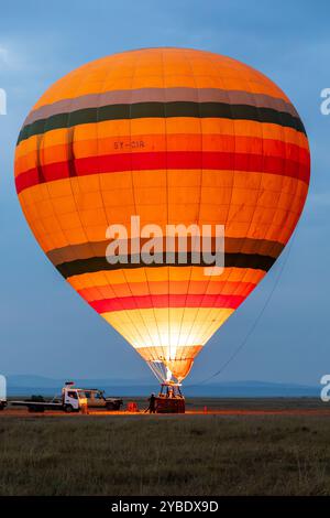 Ballon Ariel gonflé avant un vol à l'aube au-dessus du Masai Mara, Kenya, Afrique Banque D'Images