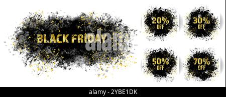 Texte doré du vendredi noir émergeant d'une explosion noire. Design Black friday et réductions pour la publicité, les bannières, les dépliants, les flyers, les autocollants Illustration de Vecteur