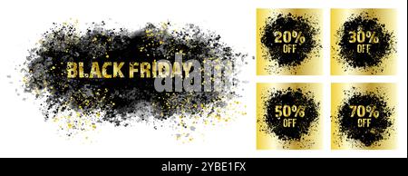 Texte doré du vendredi noir émergeant d'une explosion noire. Design Black friday et réductions pour la publicité, les bannières, les dépliants, les flyers, les autocollants Illustration de Vecteur
