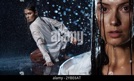 collage, jeune femme sous la pluie, mouillée à travers, vêtements mouillés et eau coulant sur son visage. Banque D'Images