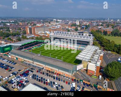 Welford Road Stadium, stade du Leicester Tigers Rugby Club. Image aérienne. 6 septembre 2024. Banque D'Images