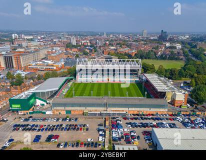 Welford Road Stadium, stade du Leicester Tigers Rugby Club. Image aérienne. 6 septembre 2024. Banque D'Images