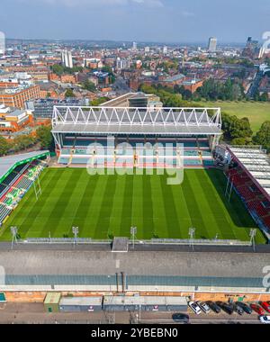 Welford Road Stadium, stade du Leicester Tigers Rugby Club. Image aérienne. 6 septembre 2024. Banque D'Images