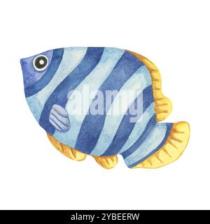 Un joli poisson tropical rond avec des rayures bleues et jaunes. Clipart d'aquarelle isolée Blue Tang pour les illustrations d'enfants, le décor fantaisiste de pépinière, ou les produits et marchandises numériques sur le thème de l'océan Banque D'Images