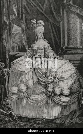 Marie-Antoinette (1755-1793) Reine consort de France par son mariage avec Louis XVI de France. Elle a été condamnée à mort pour trahison après avoir été jugée par le Tribunal révolutionnaire. Le 16 octobre 1793, elle est guillotinée. Portrait. Dessin de Hippolyte de la Charlerie. Gravure par Pannemaker. "Histoire de la Révolution française". Volume I, 1876. Banque D'Images