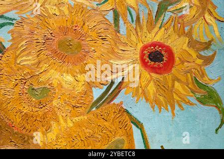 Détail, tournesols, 1889, Vincent Van Gogh (1853-1890), Poets & Lovers Exhibition, National Gallery, Londres, Royaume-Uni. Banque D'Images