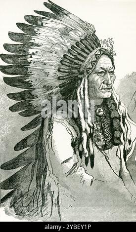 Cette illustration montre Sitting Bull dans sa robe de guerre. Sit Bull était le chef politique et spirituel des guerriers Sioux qui ont détruit la force du général George Armstrong Custer dans la célèbre bataille de Little Big Horn. Des années plus tard, il rejoint l'émission Wild West de Buffalo Bill Cody. La bataille de Little Bighorn, qui se déroule le 25 juin 1876, près de la rivière Little Bighorn dans le territoire du Montana, oppose les troupes fédérales dirigées par le lieutenant-colonel George Armstrong Custer (1839-76) à une bande de guerriers Lakota Sioux et Cheyennes. Banque D'Images