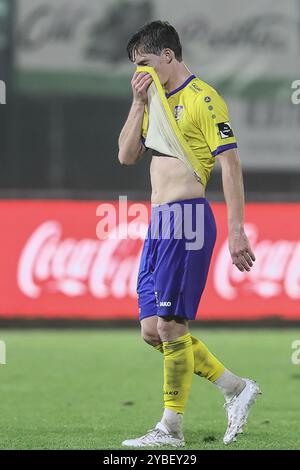 La Louvière, Belgique. 18 octobre 2024. Les joueurs de Beveren semblent déçus après un match de football entre RAAL la Louviere et SK Beveren, vendredi 18 octobre 2024 à la Louviere, lors de la huitième journée de la deuxième division 2023-2024 'Challenger Pro League' 1B du championnat belge. BELGA PHOTO BRUNO FAHY crédit : Belga News Agency/Alamy Live News Banque D'Images