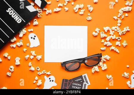 Composition avec carte vierge, lunettes 3D, pop-corn et claquette sur fond de couleur Banque D'Images