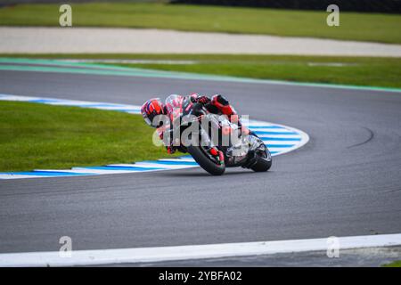 Maverick Vinales d'Espagne vu en action lors de la séance d'essais de MotoGP™ le premier jour du Qatar Airways Australian Motorcycle Grand Prix 2024 à Phillip Island. Le Qatar Airways Australian Motorcycle Grand Prix 2024 accueille les meilleurs pilotes émergents au monde. Le premier jour d'action a vu des performances impressionnantes dans des conditions difficiles, passant de la pluie battante le matin à l'après-midi ensoleillé. Les séances d'entraînement incluaient la catégorie MotoGP™ ainsi que Moto2™ et Moto3™. (Photo Alexander Bogatyrev/SOPA images/SIPA USA) Banque D'Images