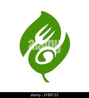 Logo de fourchette, cuillère et feuille. Emblème de produit biologique végétalien. Symbole de la nourriture saine des restaurants Illustration de Vecteur