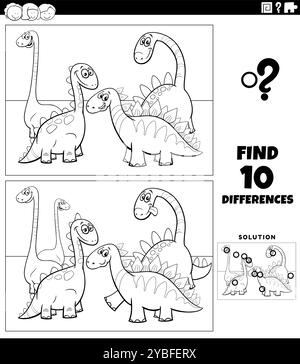 Illustration de dessin animé de trouver les différences entre les images jeu éducatif avec dinosaures animaux préhistoriques personnages de groupe de coloriage Illustration de Vecteur