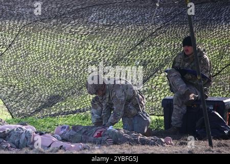 Un soldat de l'armée américaine affecté à l'équipe de combat de la 3e brigade blindée de la 4e division d'infanterie fournit des soins médicaux simulés dans le cadre de la voie de soins tactique des victimes de combat lors de la compétition Expert Infantryman, Expert Soldier et Expert Field Medical badge au Drawsko combat Training Center, Pologne, octobre 17, 2024. Le concours Expert Infantryman, Expert Soldier et Expert Field Medical badge (E3B) a rassemblé près de 550 candidats issus d'unités à travers le théâtre européen, convergeant pour participer à un événement intense de trois semaines destiné à remettre en question l'expertise du candidat dans les militaires critiques Banque D'Images