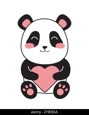 Panda minimaliste mignon. Adorable animal asiatique avec le cœur dans les mains. Mammifère joyeux. Jouet moelleux et mascotte. Modèle et mise en page. Vecteur linéaire Illustration de Vecteur