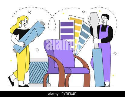 Équipe de designers de meubles. Homme et femme près de la palette et de la chaise. Les designers d'intérieur choisissent des éléments de décoration pour la pièce. Conception de bâtiments résidentiels. Linéaire Illustration de Vecteur