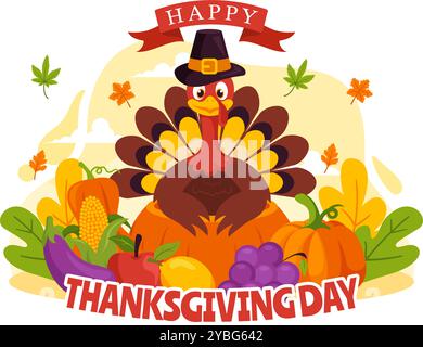 Joyeux Thanksgiving Day illustration vectorielle avec la Turquie, les citrouilles, les feuilles et divers autres éléments dans un fond de dessin animé de style plat Illustration de Vecteur