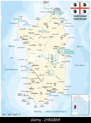 Carte de l'île méditerranéenne italienne Sardaigne avec drapeau Banque D'Images