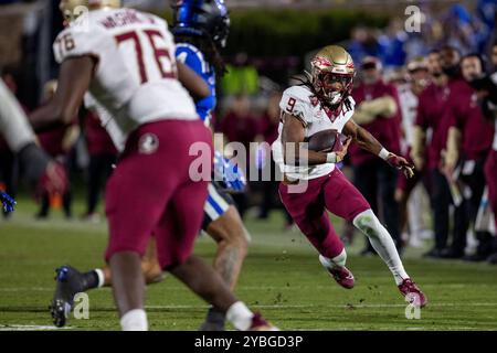 Durham, Caroline du Nord, États-Unis. 18 octobre 2024. Florida State Seminoles Running Back Lawrance Toafili (9 ans) court contre les Duke Blue Devils lors de la deuxième moitié du match ACC Football au Wallace Wade Stadium à Durham, Caroline du Nord. (Scott Kinser/CSM). Crédit : csm/Alamy Live News Banque D'Images