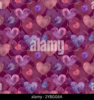 Un motif magnifiquement élégant avec des formes de coeur combinées avec des couleurs vives, parfait pour les thèmes romantiques. Motif sans couture aquarelle pour l'impression sur tissu et papier. Banque D'Images