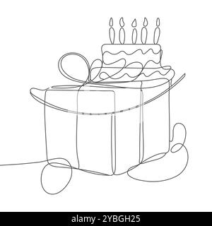 Boîte-cadeaux continue de modèle de dessin d'une ligne avec concept de partie. Bday présente une boîte en carton ou un modèle de bannière avec la typographie joyeux anniversaire Illustration de Vecteur