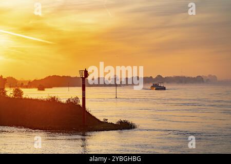 Cargos sur le Rhin près d'Emmerich, tôt le matin, lever du soleil, brouillard, brume sur le fleuve, Rhénanie du Nord-Westphalie, Allemagne, Europe Banque D'Images
