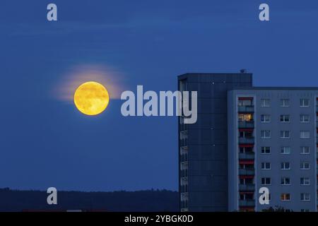 Pleine lune levante sur des bâtiments préfabriqués de 17 étages à Dresde Johannstadt, pleine lune sur Dresde, Dresde, Saxe, Allemagne, Europe Banque D'Images