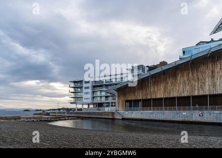 Oslo, Norvège, 11 août 2019 : vue panoramique sur le coucher du soleil dans le quartier de Tjuvholmen un nouveau renouveau urbain moderne avec des logements de luxe dans le centre d'Oslo, en Europe Banque D'Images