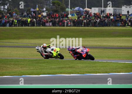 MELBOURNE, AUSTRALIE. 19 octobre 2024. Photo de gauche à droite : Marco Bezzecchi, Jorge Martin pendant le MotoGP Tissot Sprint au Qatar Airways Australian Motorcycle Grand Prix 2024 sur le circuit de Phillip Island. Crédit : Karl Phillipson/Alamy Live News Banque D'Images