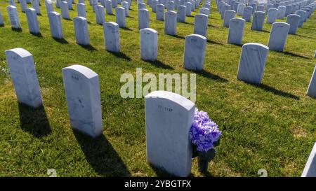 Vue aérienne d'un cimetière militaire avec des rangées de pierres de tête militaires Banque D'Images