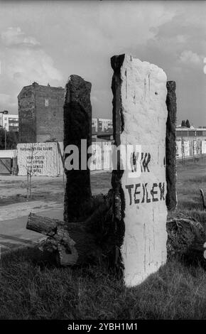 Allemagne, Berlin, 26 juillet 1991, Parlement des arbres au Spreebogen en face du Reichstag, par l'artiste d'action Ben Wagin, restes du mur, nous partageons Banque D'Images