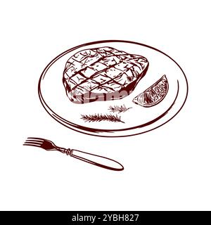Steak de viande sur une assiette avec citron et romarin, fourchette. Ensemble de nourriture d'automne. Illustration vectorielle dans le style graphique. Menus de restaurants, cafés, bannières, affiches. Illustration de Vecteur