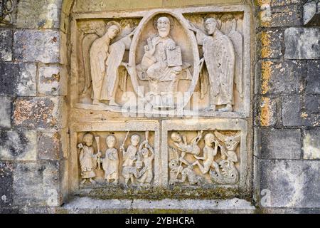 France, Indre, Châtillon-sur-Indre, Collégiale, détail de bas-relief extérieur Banque D'Images