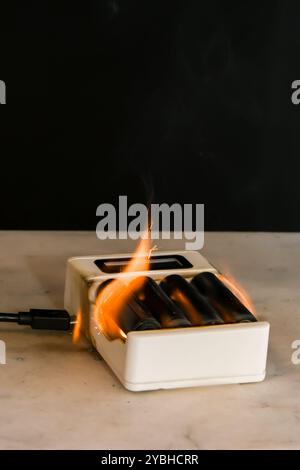 Le chargeur de batterie est en feu, le câblage émet des étincelles. Court-circuit. Flammes, étincelles et fumée. Banque D'Images