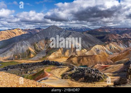 Vue sur la montagne Blahnukur à Landmannalaugar Banque D'Images