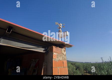 Conduisez des instruments d'enregistrement météo à l'oliveraie de la région de Tierra de Barros. Estrémadure, Espagne Banque D'Images