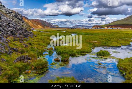 Sources chaudes naturelles au camping Landmannalaugar Banque D'Images