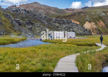 Les sources chaudes naturelles du camping Landmannalaugar Banque D'Images