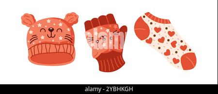Accessoires d'hiver tricotés ensemble d'objets vectoriels de couleur plate Illustration de Vecteur