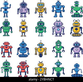 Robots Pixel art. Robot futuriste, mascotte de bot 8 bits et humanoïde rétro. Cyborg et android jeu vidéo numérique pixélisé vecteur de personnages robotiques Illustration de Vecteur