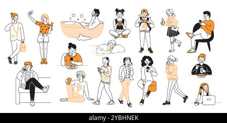 Adultes utilisant des smartphones dans diverses situations icônes vectorielles Illustration de Vecteur